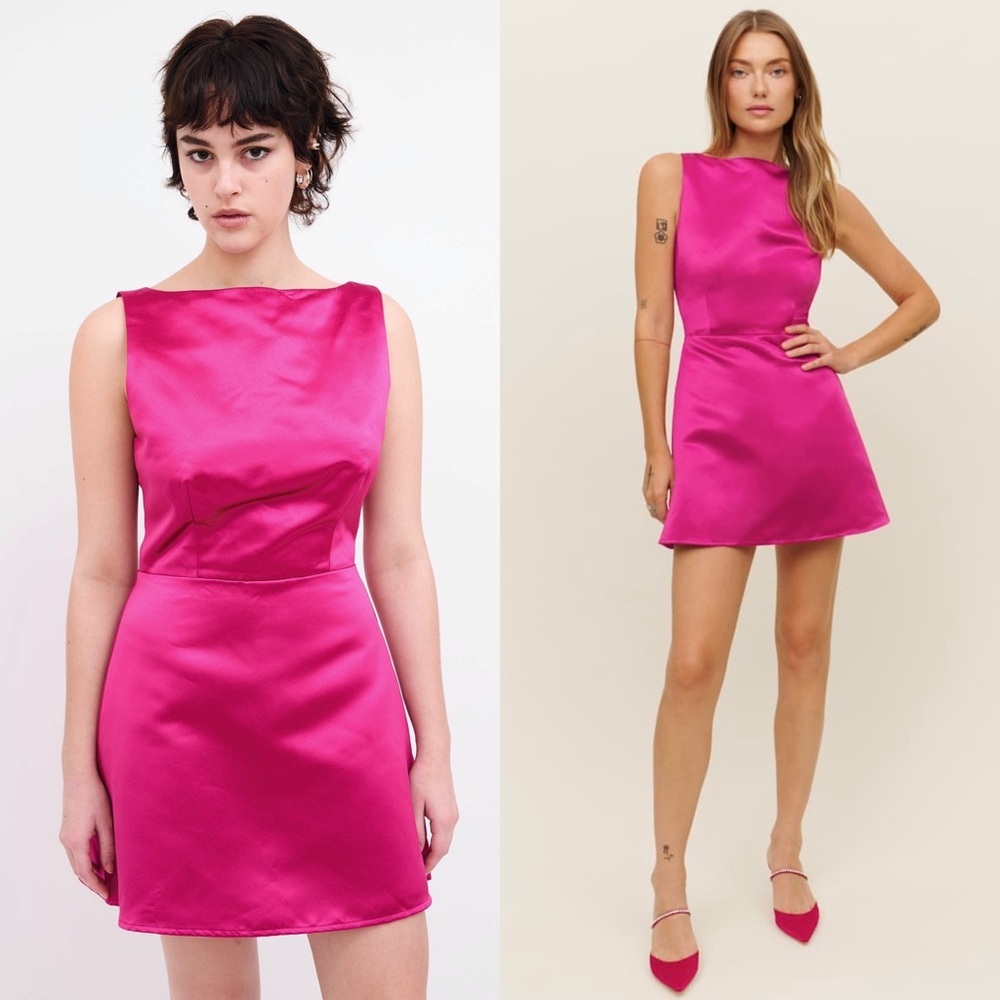 NEW REFORMATION Fuchsia Deadstock Satin Boatneck Sleeveless A-Line Zenni Dress 6